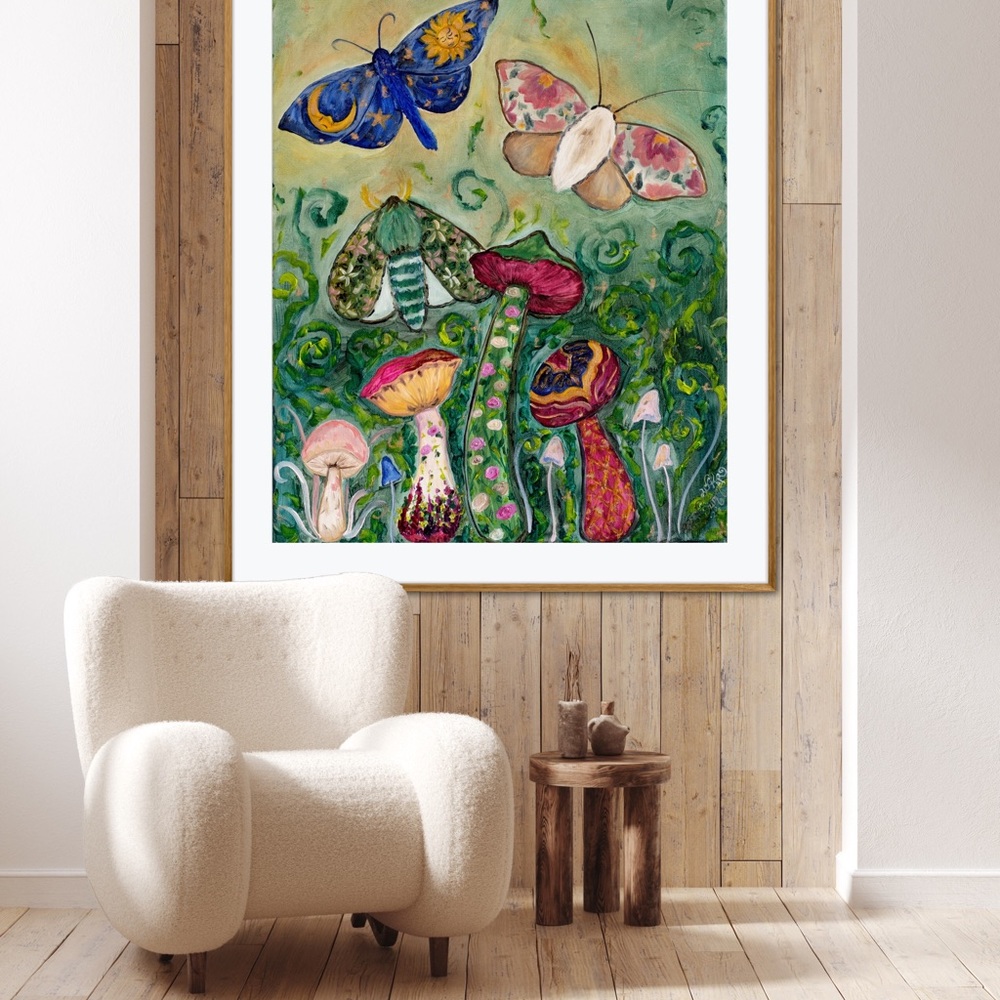 Gypsy Moths Mushrooms Art Print Oil Painting Colorful Whimsical fantasy nature - Picture 6 of 7